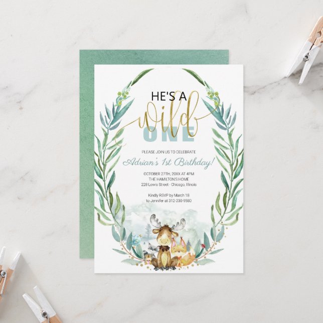 Greenery Woodland He's A Wild One First Birthday  Invitation (Front/Back In Situ)