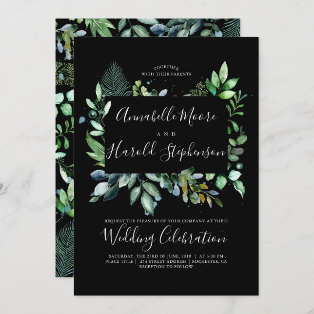 Greenery | Woodland | Modern Watercolor Wedding Invitation (Front/Back)