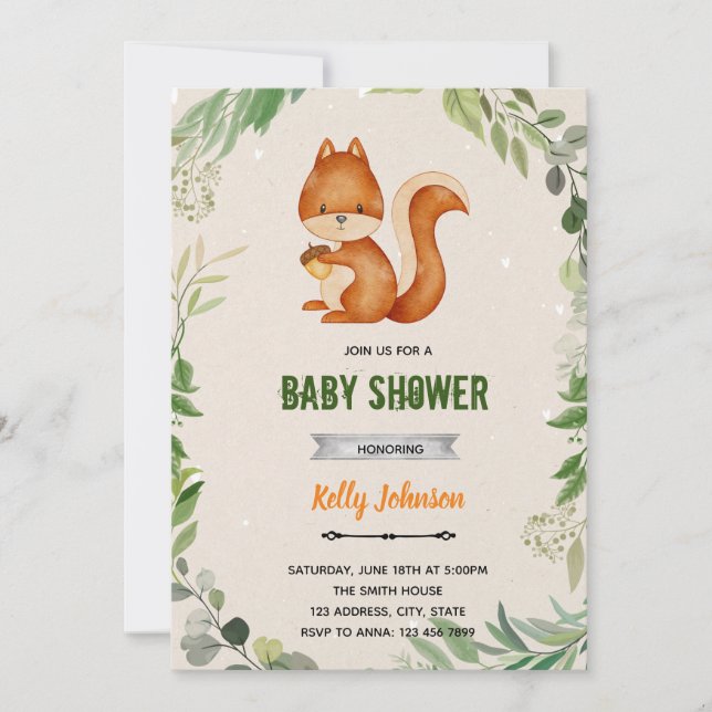 Greenery woodland  squirrel  birthday invitation (Front)