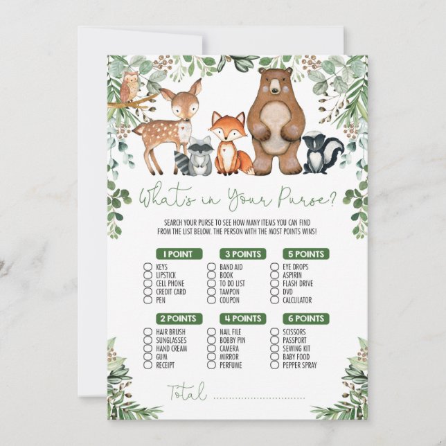 Greenery Woodland What's in Your Purse Game Card (Front)