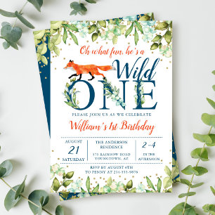 Greenery Woodland Wild One Fox First Birthday Invitation