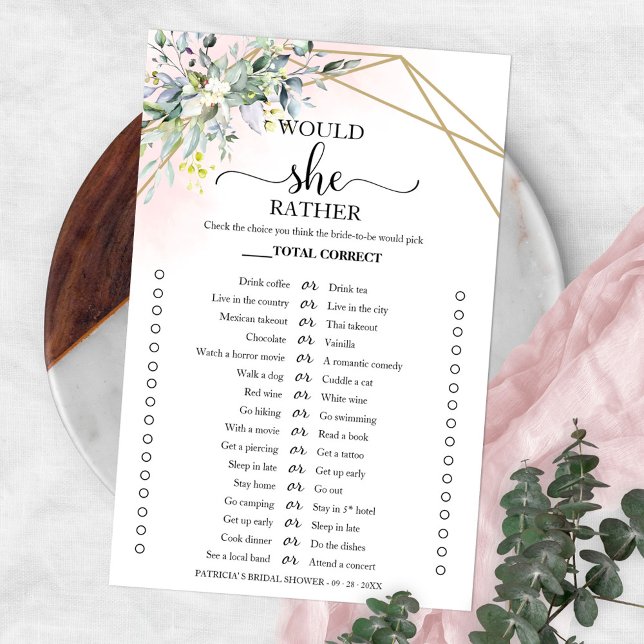 Greenery Would She Rather Bridal Shower Game Flyer (Creator Uploaded)