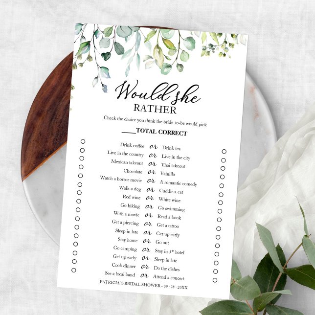 Greenery Would She Rather Bridal Shower Game Flyer (Creator Uploaded)
