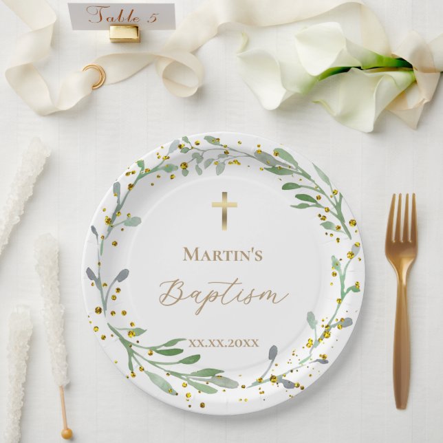 greenery wreath Baptism Paper Plate (Wedding)