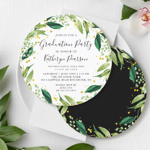 Greenery Wreath Black Gold Glitter Graduation Invi Invitation