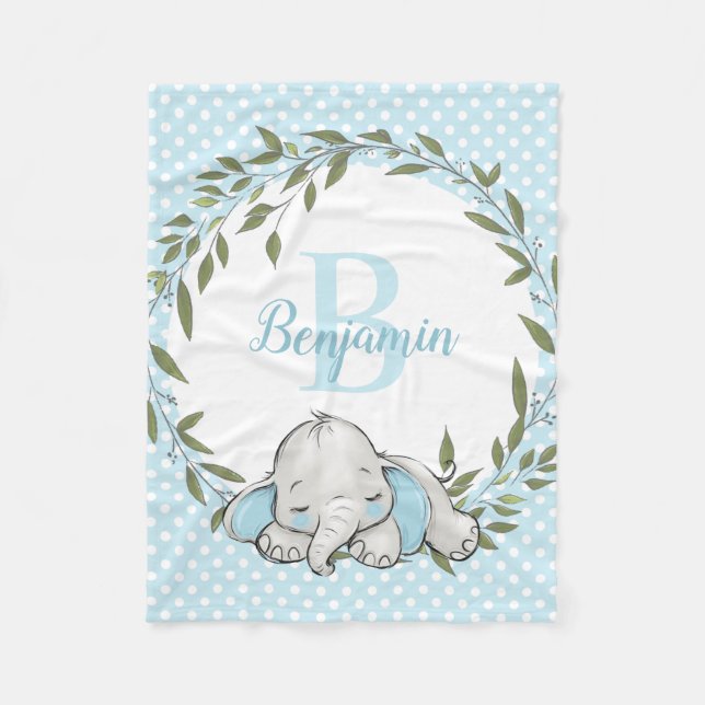 Greenery Wreath Blue Elephant Personalized Boy Fleece Blanket (Front)