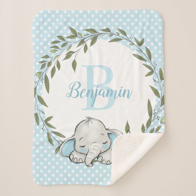 Greenery Wreath Blue Elephant Personalized Boy Sherpa Blanket (Front)