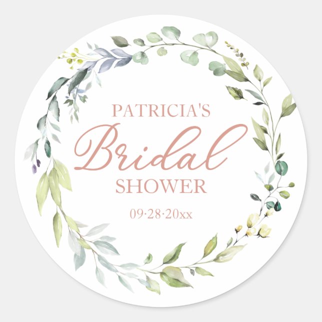 Greenery Wreath Bridal Shower Classic Round Sticker (Front)