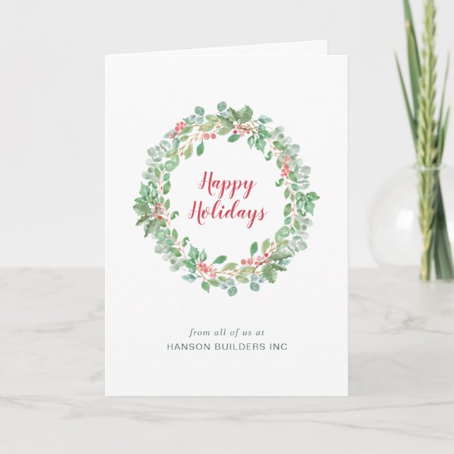 Greenery Wreath Business Corporate Christmas Holiday Card (Front)