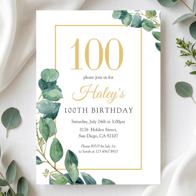 Greenery Wreath Chic Gold & Sage 100TH Birthday Invitation (Creator Uploaded)