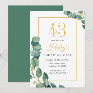 Greenery Wreath Chic Gold & Sage 43RD Birthday Invitation