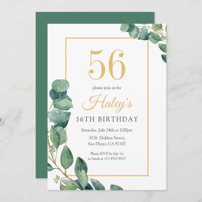 Greenery Wreath Chic Gold & Sage 56TH Birthday Invitation (Front/Back)