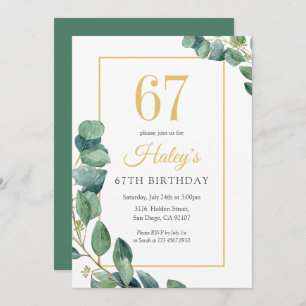 Greenery Wreath Chic Gold & Sage 67TH Birthday Invitation