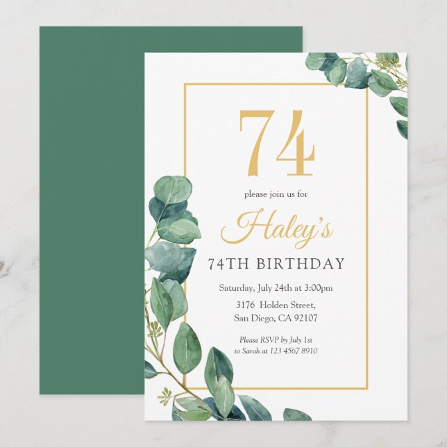 Greenery Wreath Chic Gold & Sage 74TH Birthday Invitation (Front/Back)