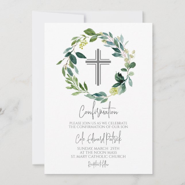 Greenery Wreath Confirmation  Invitation (Front)