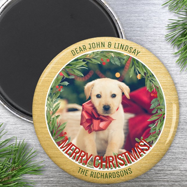 Greenery Wreath Custom Photo Gold Christmas Magnet (Capture the spirit of holiday season with our custom Christmas photo magnet!)