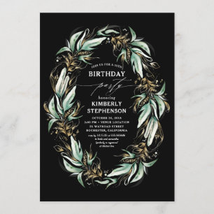 Greenery Wreath Elegant Modern Black Birthday Invitation