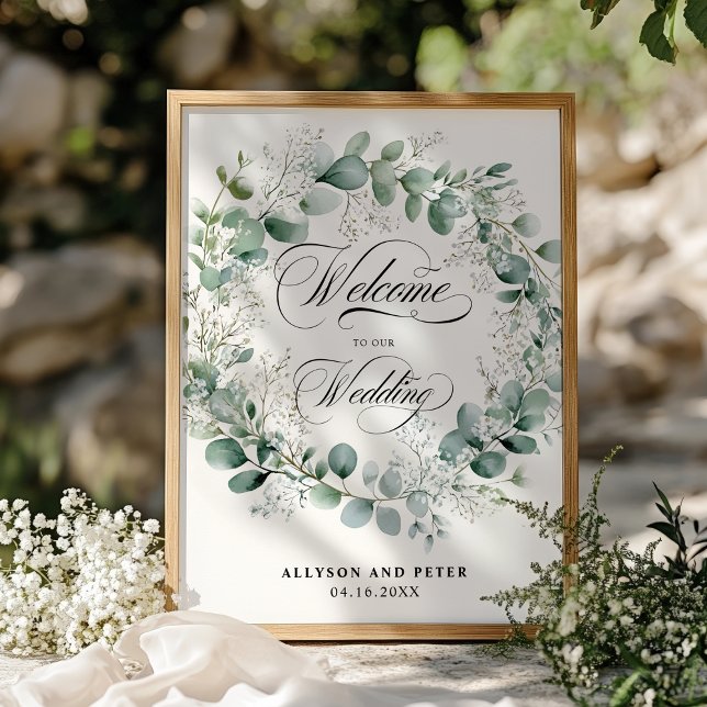 Greenery Wreath Elegant Neutral Script Wedding Poster (Greenery Wreath Elegant Neutral Script Wedding Poster)