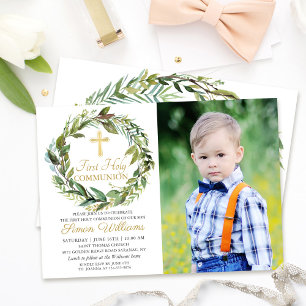 Greenery Wreath First Holy Communion Photo Invitation