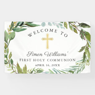 Greenery Wreath First Holy Communion Welcome Banner