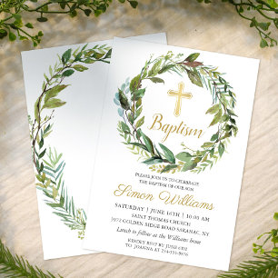 Greenery Wreath Gold Cross Boy Baptism Invitation