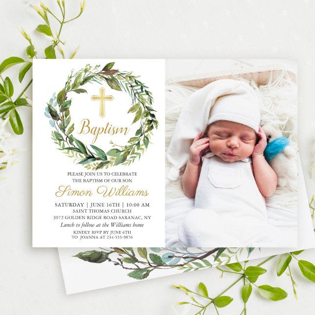 Greenery Wreath Gold Cross Boy Baptism Photo Invitation (Creator Uploaded)