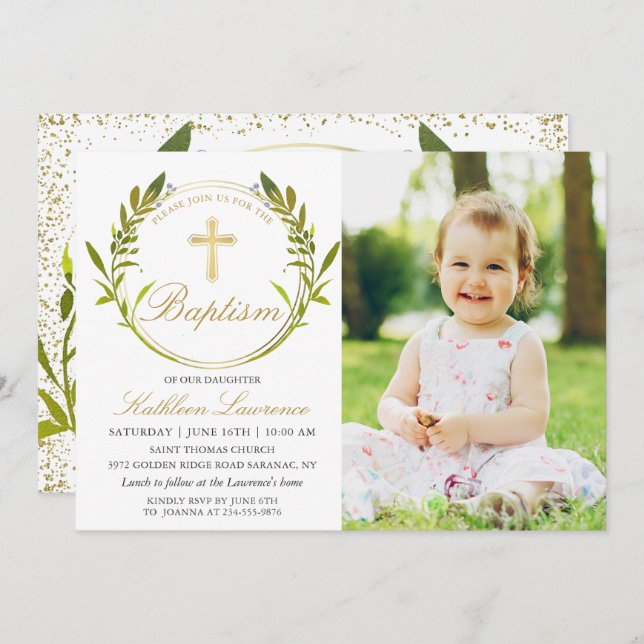 Greenery Wreath Gold Cross Girl Baptism Photo Invitation (Front/Back)
