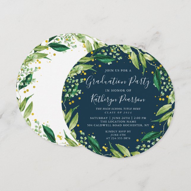 Greenery Wreath Gold Glitter Navy Blue Graduation  Invitation (Front/Back)