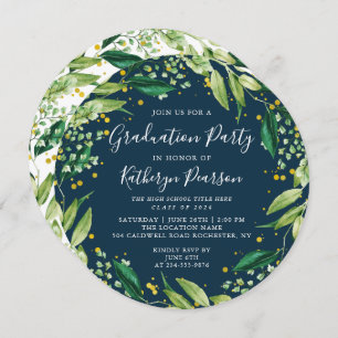 Greenery Wreath Gold Glitter Navy Blue Graduation Invitation