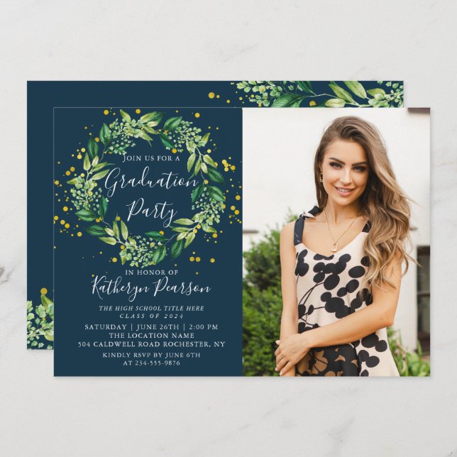 Greenery Wreath Gold Navy Blue Graduation Photo In Invitation (Front/Back)