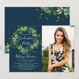 Greenery Wreath Gold Navy Blue Graduation Photo In Invitation