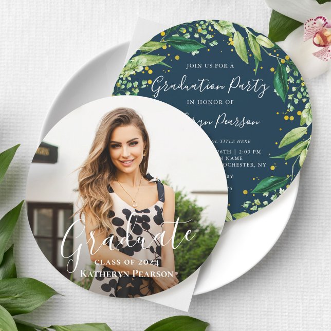 Greenery Wreath Gold Navy Blue Graduation Photo In Invitation (Creator Uploaded)