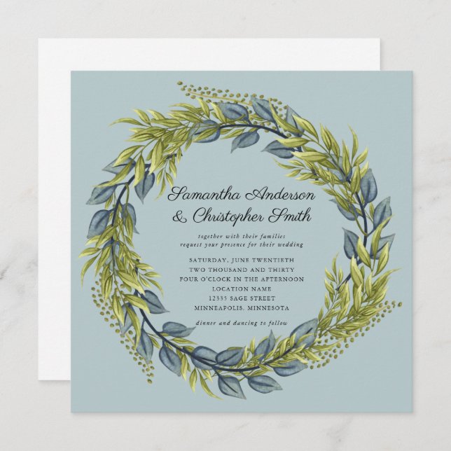 Greenery Wreath Green and Dark Teal Wedding Invitation (Front/Back)