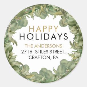 Greenery Wreath Happy Holidays Return Address Classic Round Sticker