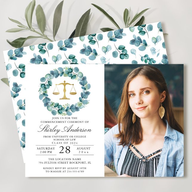 Greenery Wreath Law School Graduation Photo Invitation (Creator Uploaded)