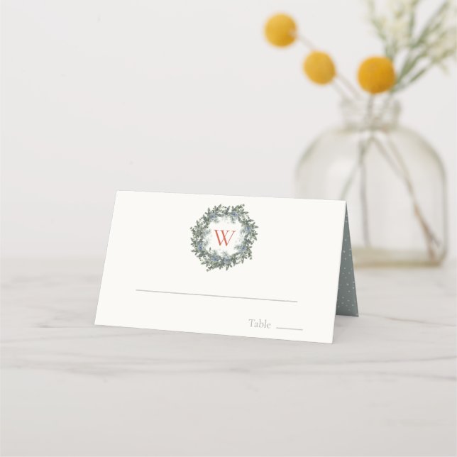 Greenery Wreath Monogram Christmas Holiday Place Card (Front)