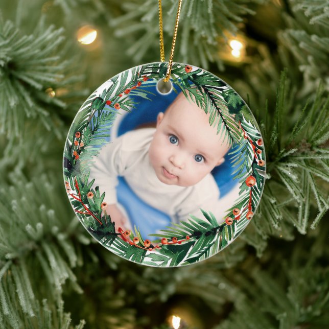 Greenery Wreath My First Christmas Baby Photo Ceramic Ornament (Tree)