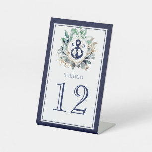 Greenery Wreath Navy Anchor Monogram Beach Wedding Pedestal Sign