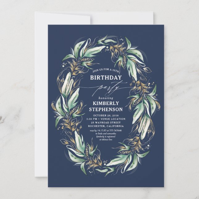 Greenery Wreath Navy Blue Elegant Birthday Invitation (Front)