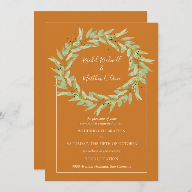 Greenery Wreath on Ochre Wedding Invitation (Front/Back)