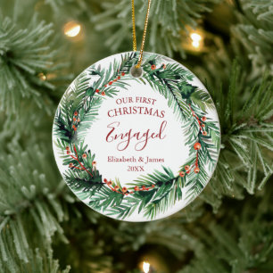 Greenery Wreath Our First Christmas Engaged Ceramic Ornament