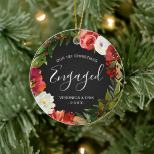 Greenery Wreath Photo First Christmas Engaged Ceramic Ornament