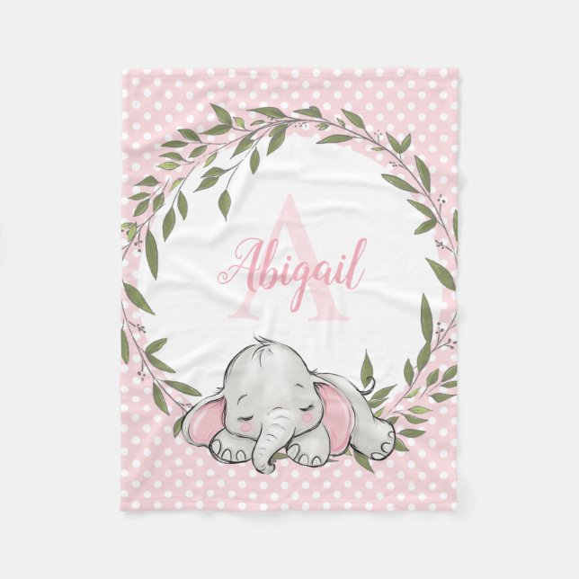 Greenery Wreath Pink Elephant Personalized Girl Fleece Blanket (Front)