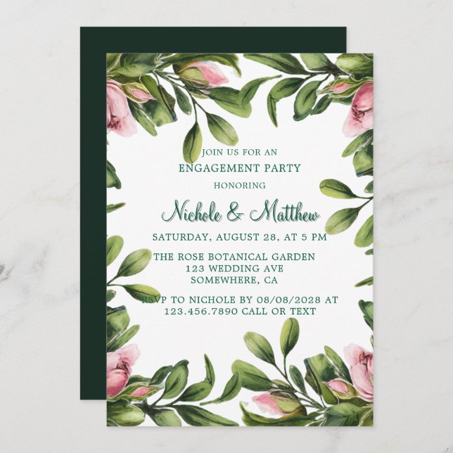 Greenery Wreath Pink Rose Bud Engagement Party Invitation (Front/Back)
