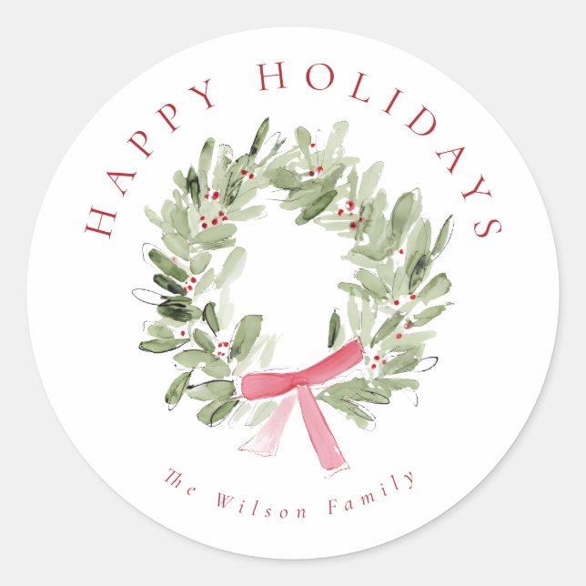 Greenery Wreath & Red Bow Holiday Classic Round Sticker (Front)