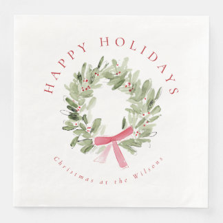 Greenery Wreath & Red Bow Holiday Napkin