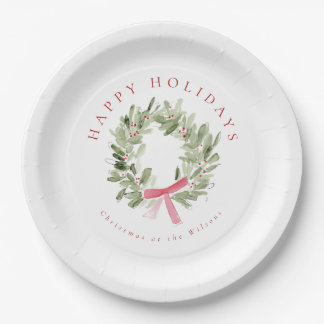 Greenery Wreath & Red Bow Holiday Paper Plate