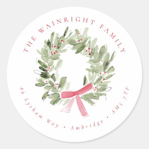 Greenery Wreath & Red Bow Holiday Return Address Classic Round Sticker