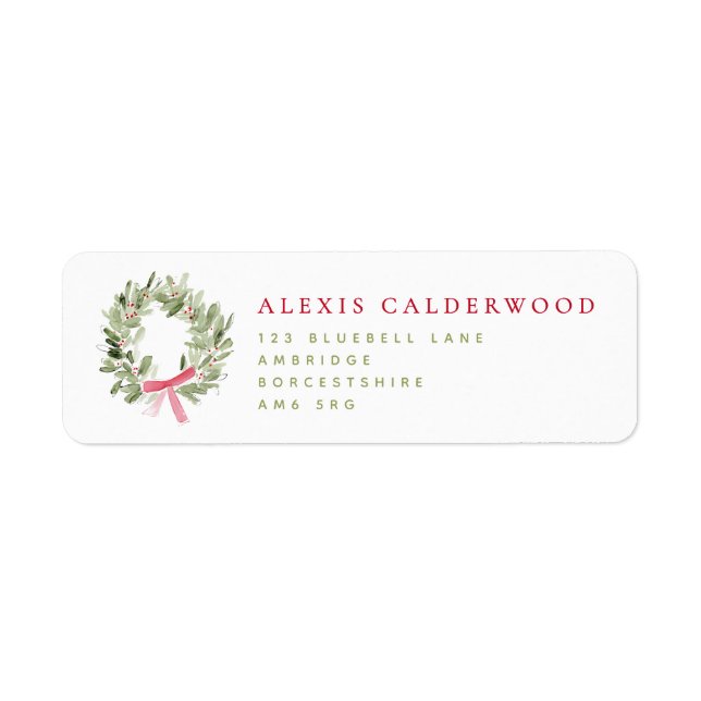 Greenery Wreath & Red Bow Holiday Return Address Label (Front)