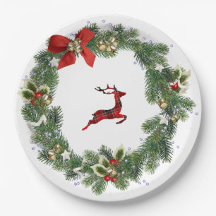 Greenery Wreath & Reindeer Xmas Party Paper Plate